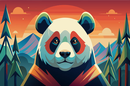 A stylized panda with a colorful mountain landscape during sunset.のイラスト素材
