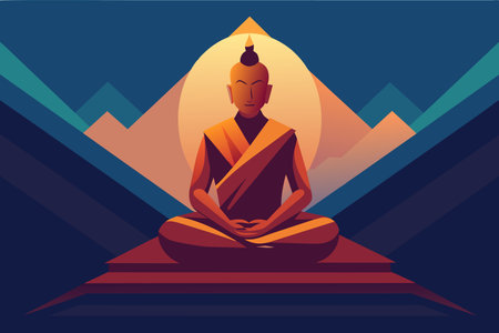 A serene Buddha statue meditates with mountains under a twilight sky.のイラスト素材