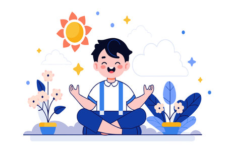 Boy in peaceful meditation pose with sun, clouds, and plants around him.のイラスト素材