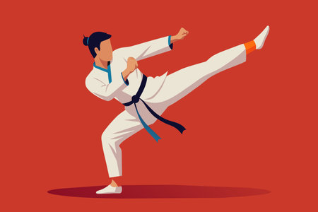 Karate practitioner with a black belt demonstrates a powerful high kick.のイラスト素材
