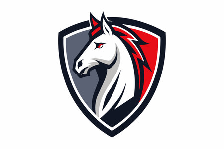 Stylized horse head logo with a striking red mane on a shield.のイラスト素材