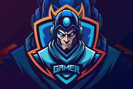 Stylized mascot of a gamer in futuristic blue armor, exuding competitiveness.のイラスト素材
