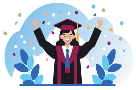 Graduate in cap and gown celebrates achievement with a jubilant gesture.のイラスト素材