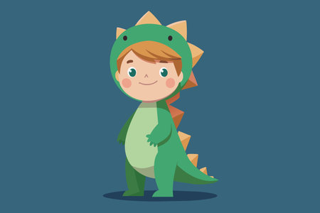 A cheerful child stands dressed as a dinosaur with a beaming smile.のイラスト素材