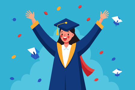 A beaming graduate in cap and gown throws her cap in the air.のイラスト素材