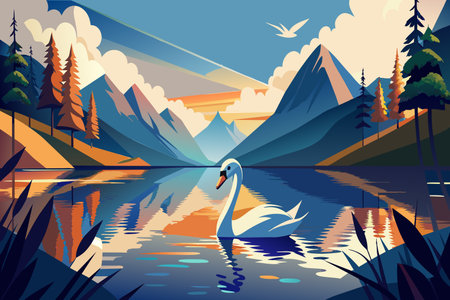 A swan floats peacefully on a calm lake surrounded by mountains during sunrise.のイラスト素材