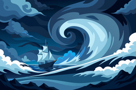 A ship tackles massive waves during a nocturnal sea storm.のイラスト素材