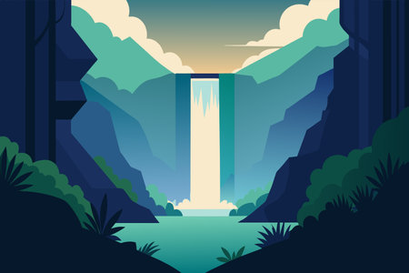 Serene waterfall flowing into a lake surrounded by lush forest at dusk.のイラスト素材