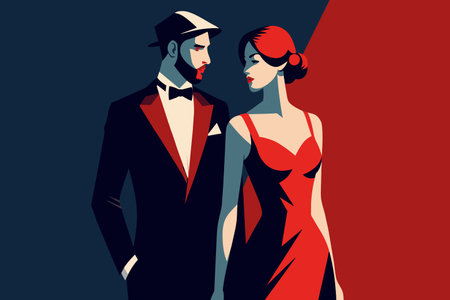 A man in a tuxedo and a woman in a red gown at a gala.のイラスト素材