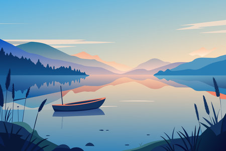 A tranquil sunset view over a mountain-bordered lake with a single boat.のイラスト素材