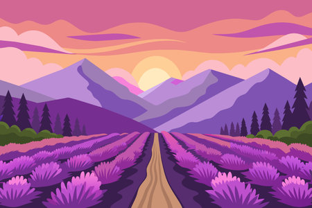 Lavender fields stretch towards a mountain range under a vibrant sunset sky.のイラスト素材