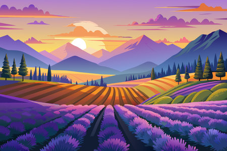 Lavender blooms under a sunset sky, with rolling hills and majestic mountains in the background.のイラスト素材
