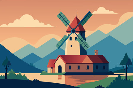 A realistic painting depicting a traditional windmill next to a charming house in a rural setting.のイラスト素材