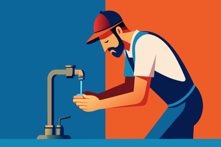 A man using a wrench to fix a leaking faucet in a kitchen sink.のイラスト素材