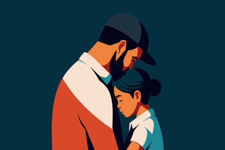 A bearded man hugs his child, sharing a loving embrace.のイラスト素材