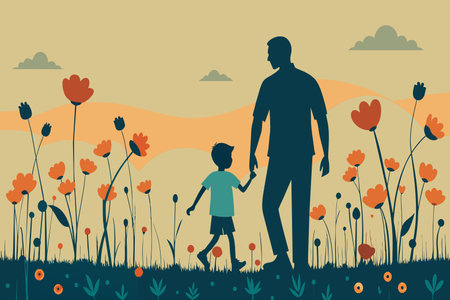 A father and child holding hands while walking among vibrant flowers at dusk.のイラスト素材