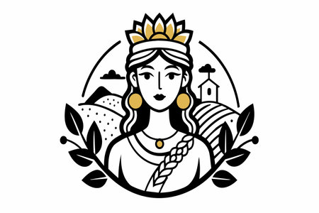 A regal woman represented in stylized art with a crown, nature, and architectural elements.のイラスト素材