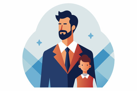 A man in a business suit stands with a child in a sweater.のイラスト素材