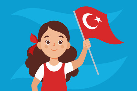 A girl standing while holding a flag in her hand.のイラスト素材