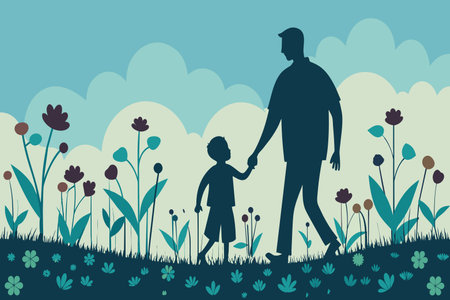 A silhouette of a man and child holding hands in a flower field during twilight.のイラスト素材