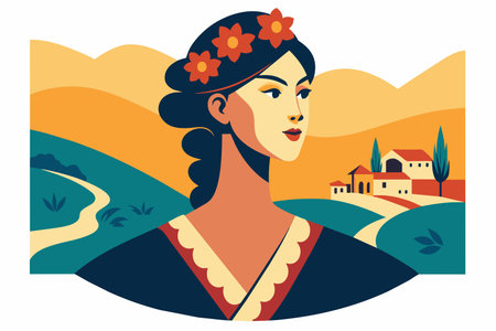 A stylized portrait of a woman with a scenic Tuscan backdrop during golden hour.のイラスト素材