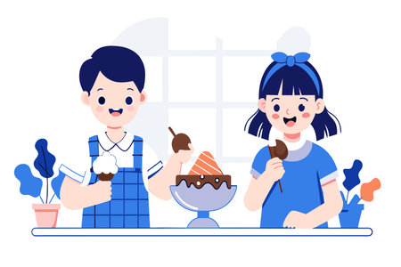 Cartoon siblings with ice cream cones by a window.のイラスト素材