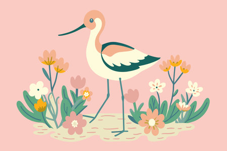 A stylized avocet wading through blooming flora.のイラスト素材