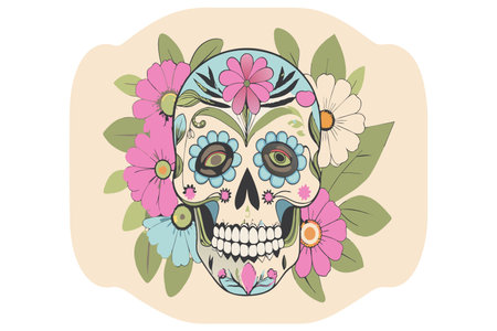 Artistic representation of a Dia de los Muertos skull adorned with vibrant flowers.のイラスト素材