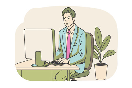 A cheerful man in business attire typing on a desktop computer with a plant in the background.のイラスト素材