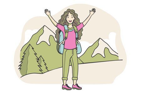 A joyful woman with raised arms celebrates reaching a mountain peak.のイラスト素材