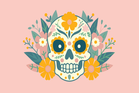 A vibrant sugar skull adorned with flowers to honor Dia de los Muertos.のイラスト素材