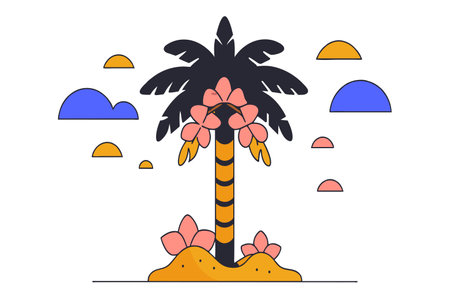 Stylized palm tree with pink coconuts on an island surrounded by sunset clouds.のイラスト素材