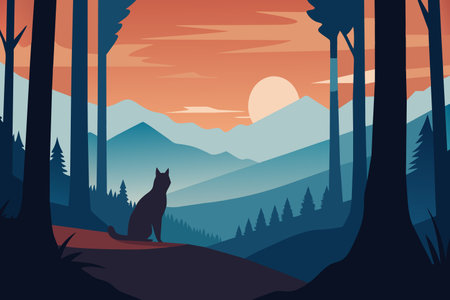A wolf sits against a backdrop of layered mountains as the sun sets.のイラスト素材