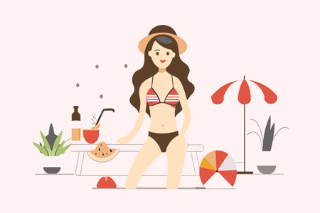 A woman relaxes on a beach, sunhat on, alongside summer essentials.のイラスト素材