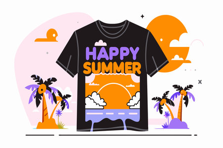 A colorful t-shirt featuring a sunset, palm trees, and a summer greeting.