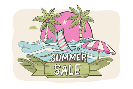 Vibrant summer sale sign with a tropical sunset, waves, and beach elements.のイラスト素材