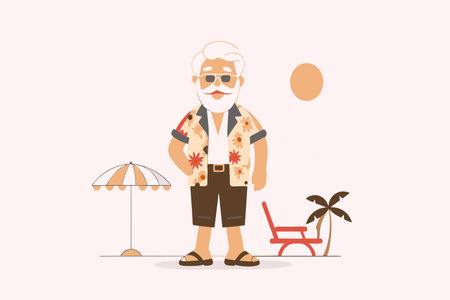 Senior man in summer clothes stands by a beach chair under an umbrella.のイラスト素材