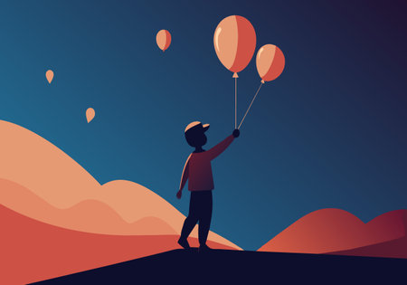 A boy with balloons stands on a hill as the sun sets, casting a warm glow.のイラスト素材
