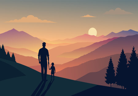 A serene walk as the sun dips behind majestic mountains, casting warm hues.のイラスト素材