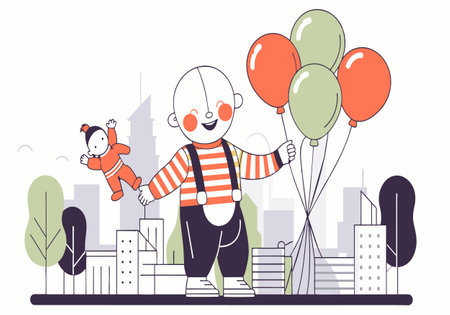 A jolly clown with balloons and a small child figure celebrates in a city park.のイラスト素材