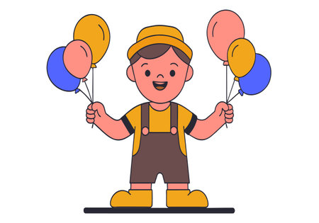 A cheerful young boy with balloons, dressed in a festive outfit.のイラスト素材