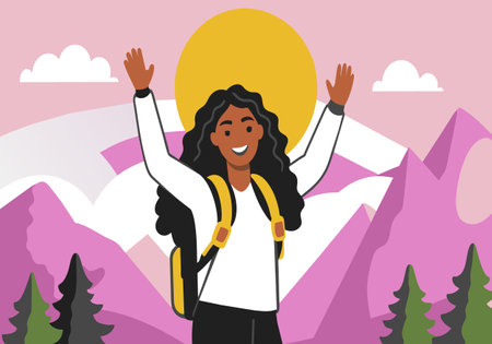Joyful female hiker greets the morning sun amidst purple mountain landscape.のイラスト素材