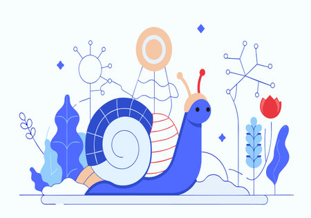 A whimsical snail illustrated with bright colors surrounded by abstract plant life.のイラスト素材