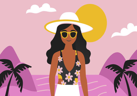 A woman in a summer hat and shades stands before a backdrop of palms and mountains.のイラスト素材