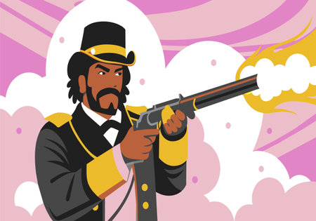 A bearded man in a top hat shoots a rifle, set on a vibrant backdrop.のイラスト素材