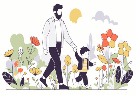 A man and a small child hold hands strolling among vibrant, oversized flowers.のイラスト素材
