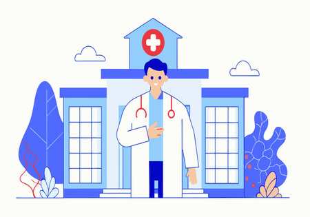 A doctor in scrubs stands in front of a modern building, looking at the camera.のイラスト素材