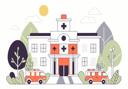 An illustration showing a hospital building with several ambulances parked in front of it.のイラスト素材