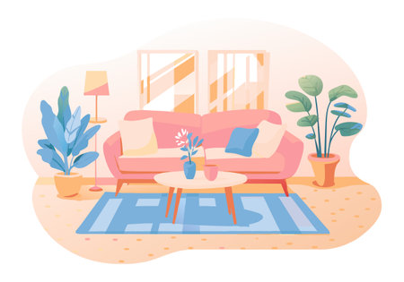 Flat illustration featuring a living room setup with a couch and several houseplants adorning the space.のイラスト素材