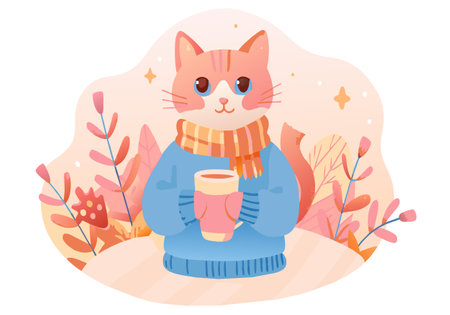 A cartoon cat wearing a sweater, standing while holding a cup of coffee in its paw.のイラスト素材